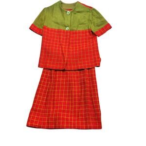 Vintage Handmade Women's Bright 3 Pc Top & 2 Skirts Set Red Green Retro Size S/M